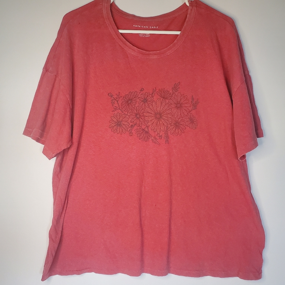 American Eagle, Women Short Sleeve T-shirt, Size L, Faded Red, Flowers, Stretchy